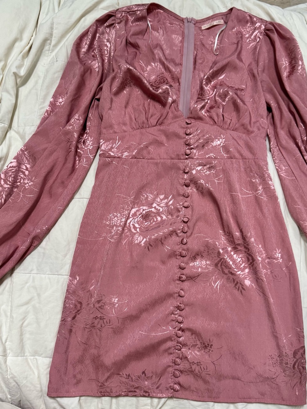 WHO I AM Mauve Pink Satin Jacquard Mini Dress Size 10 Puff Sleeve EUC - Picture 2 of 11